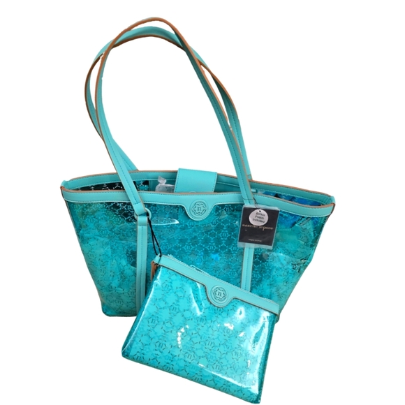 Nanette Lepore NWT Clear Aquatic Blue Logo Maxine Tote bag with Wristlet - Picture 1 of 11